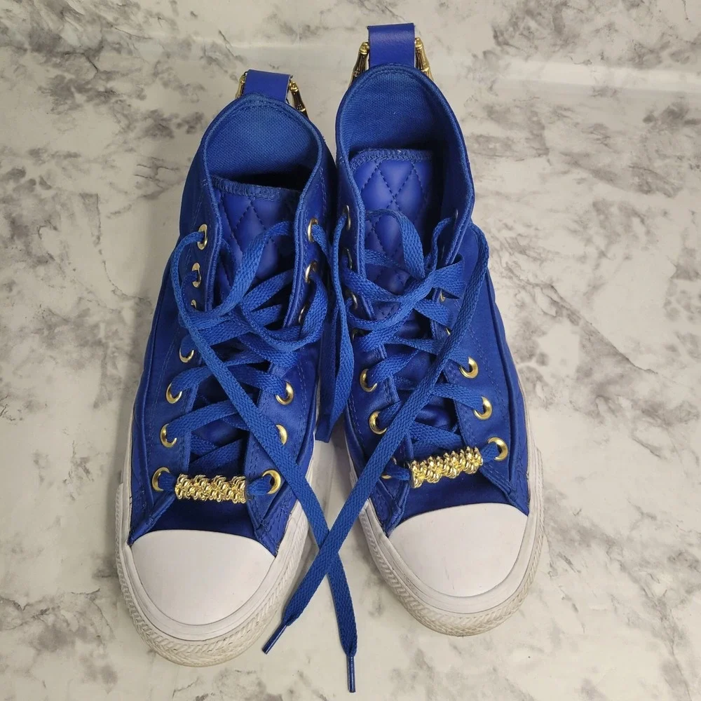 Converse Chuck Taylor All Star High Top Blue‎ Satin Quilted Gold Bamboo Sneakers